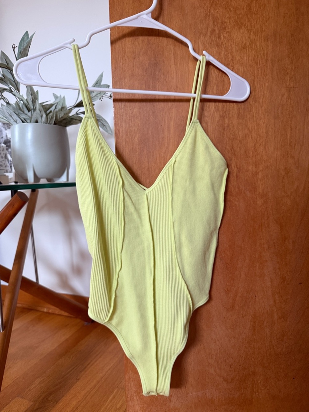 Lime Yellow Ribbed V-Neck Bodysuit